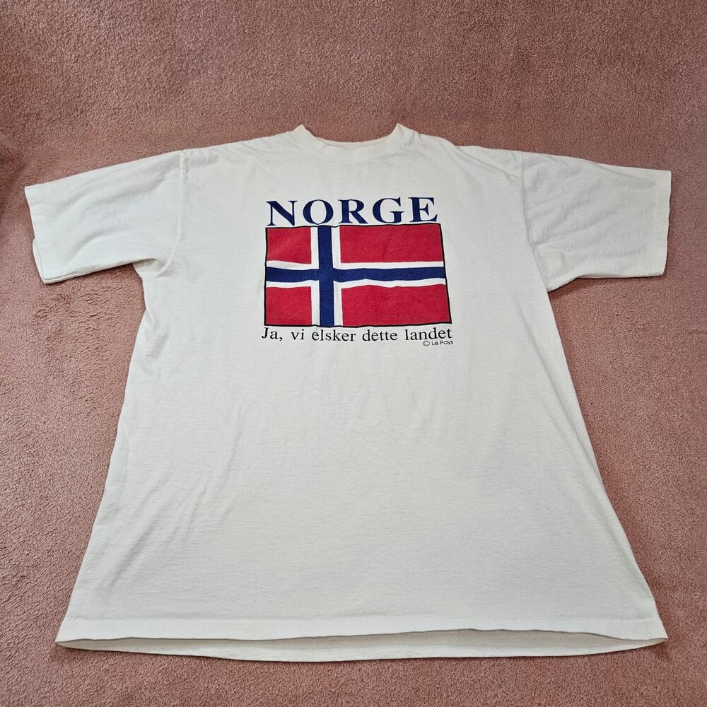 Le Pays International Norge Norway Flag T-Shirt Size XL White Cotton Made in USA